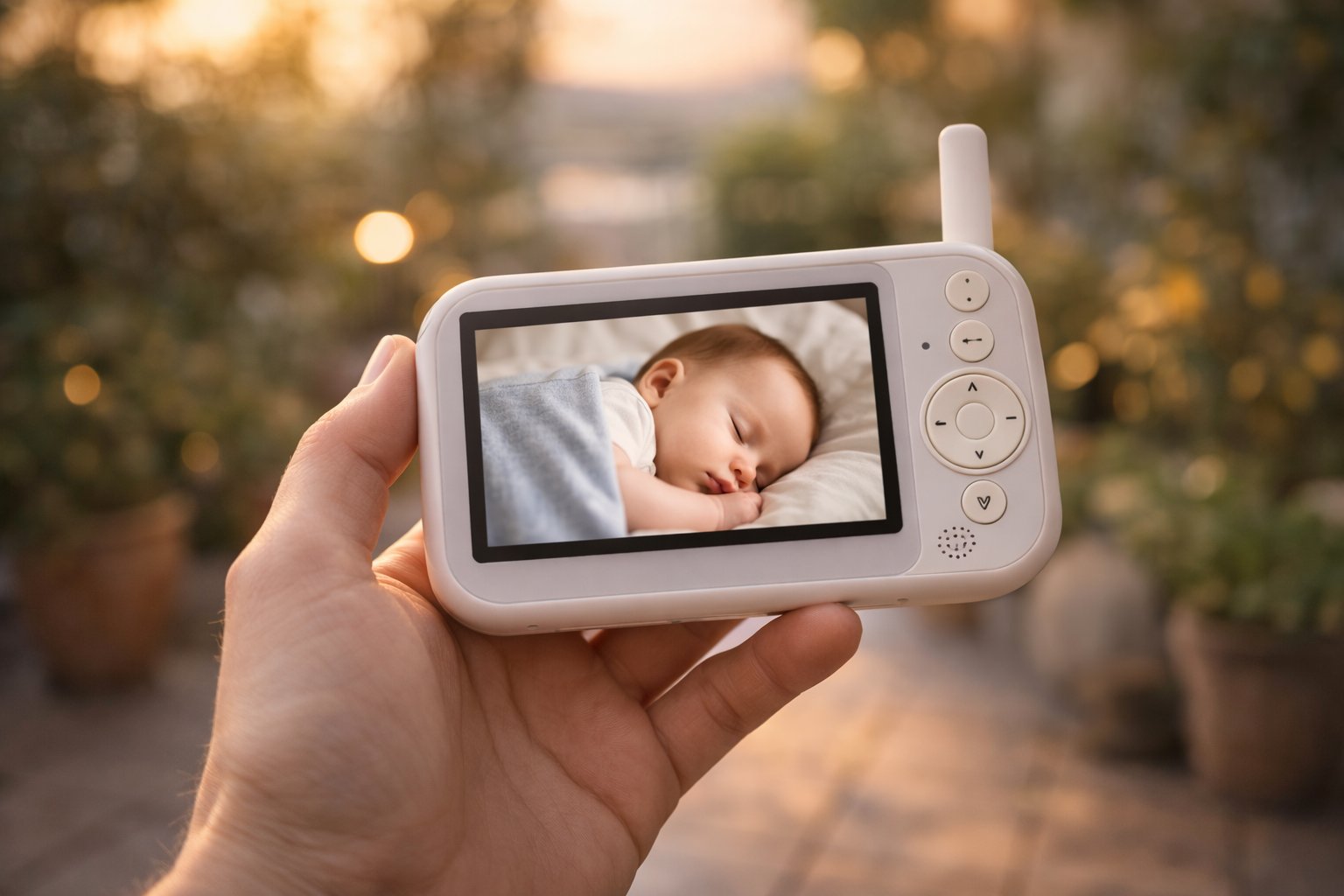 Eine Person hält eine mobile Babyphone-Elterneinheit auf einer Terrasse in der Hand.