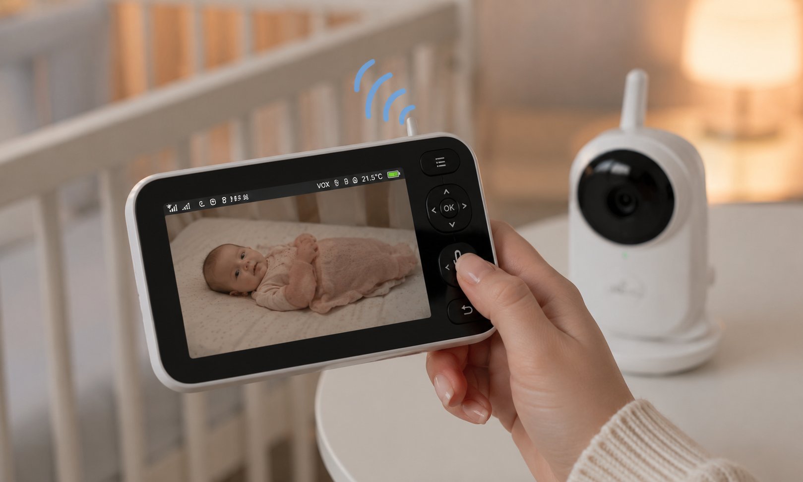 Hand bedient die Gegensprechfunktion an einem Babyphone neben einem Kinderbett