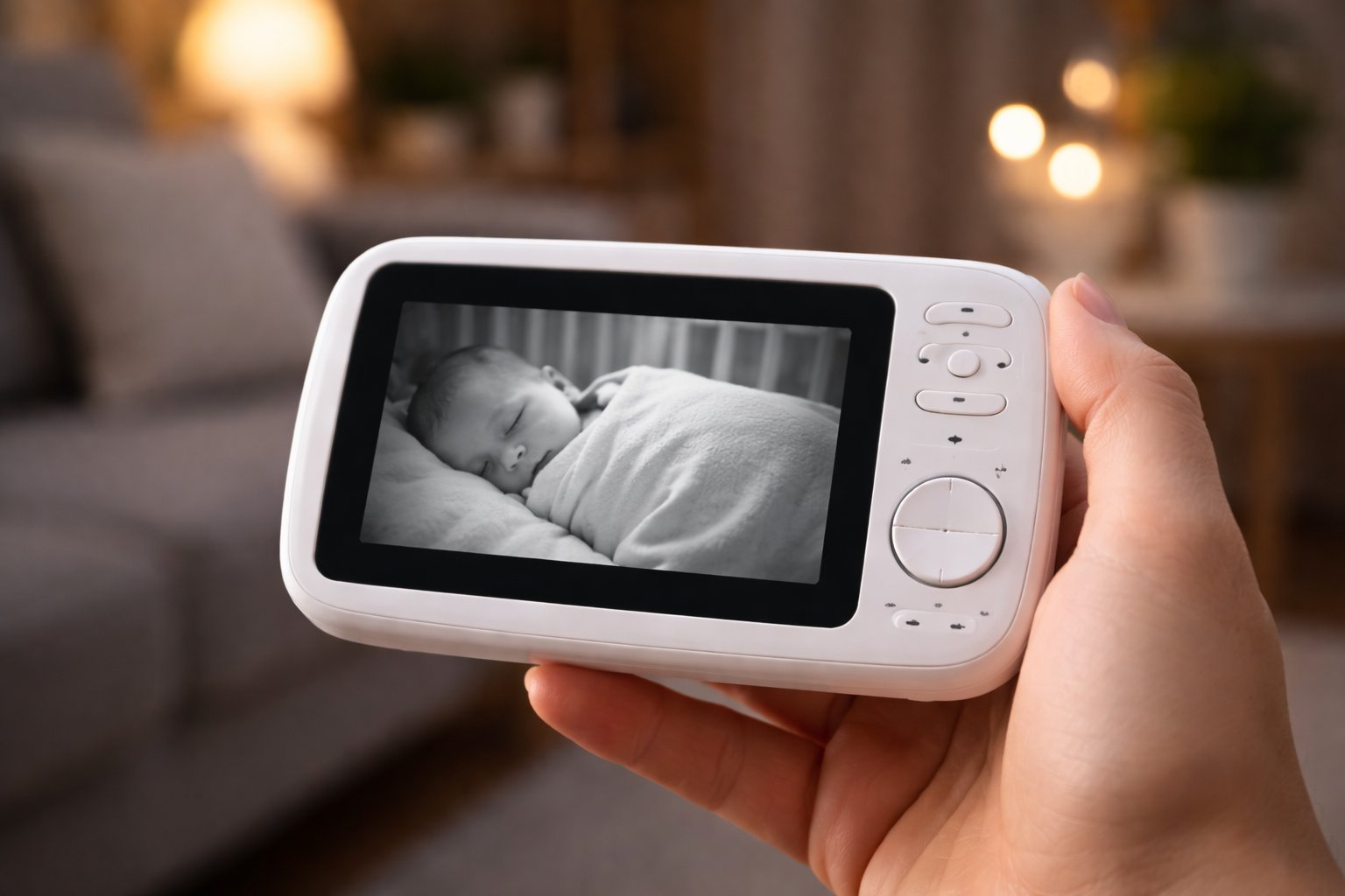 Elterneinheit eines Video-Babyphones zeigt schlafendes Baby im Nachtsichtmodus
