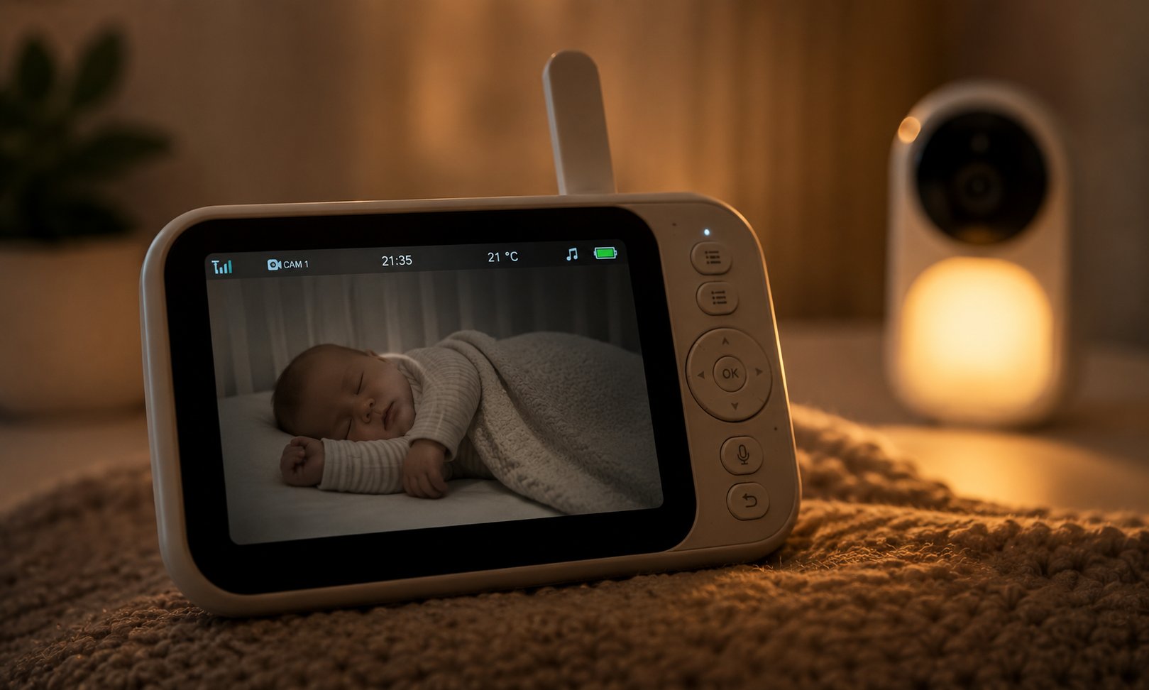 Nahaufnahme eines Babyphone-Displays, das ein schlafendes Baby zeigt, während im Hintergrund ein warmes Nachtlicht leuchtet.