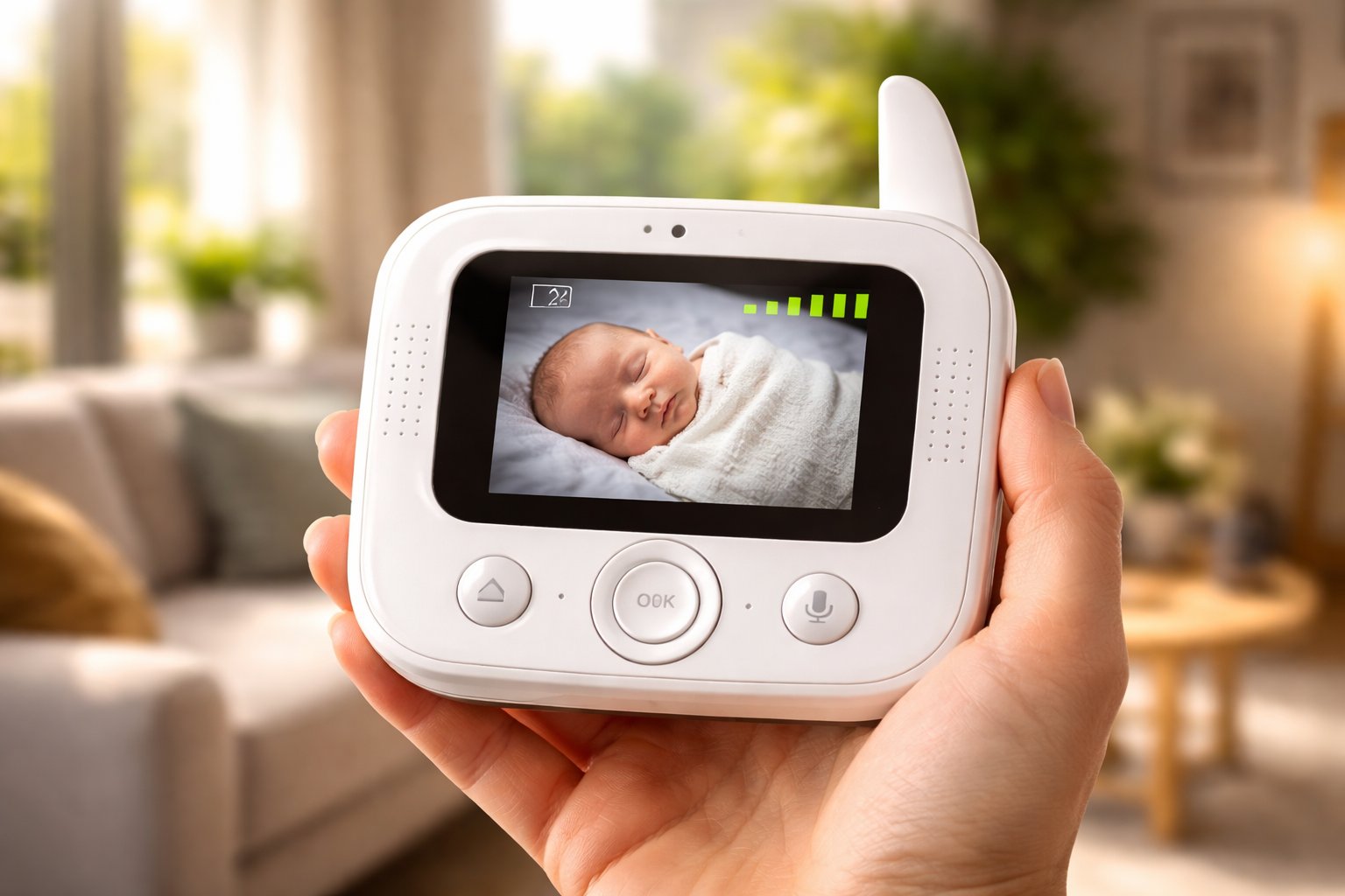 Elterneinheit eines Babyphones zeigt Signalstärke in modernem Wohnzimmer